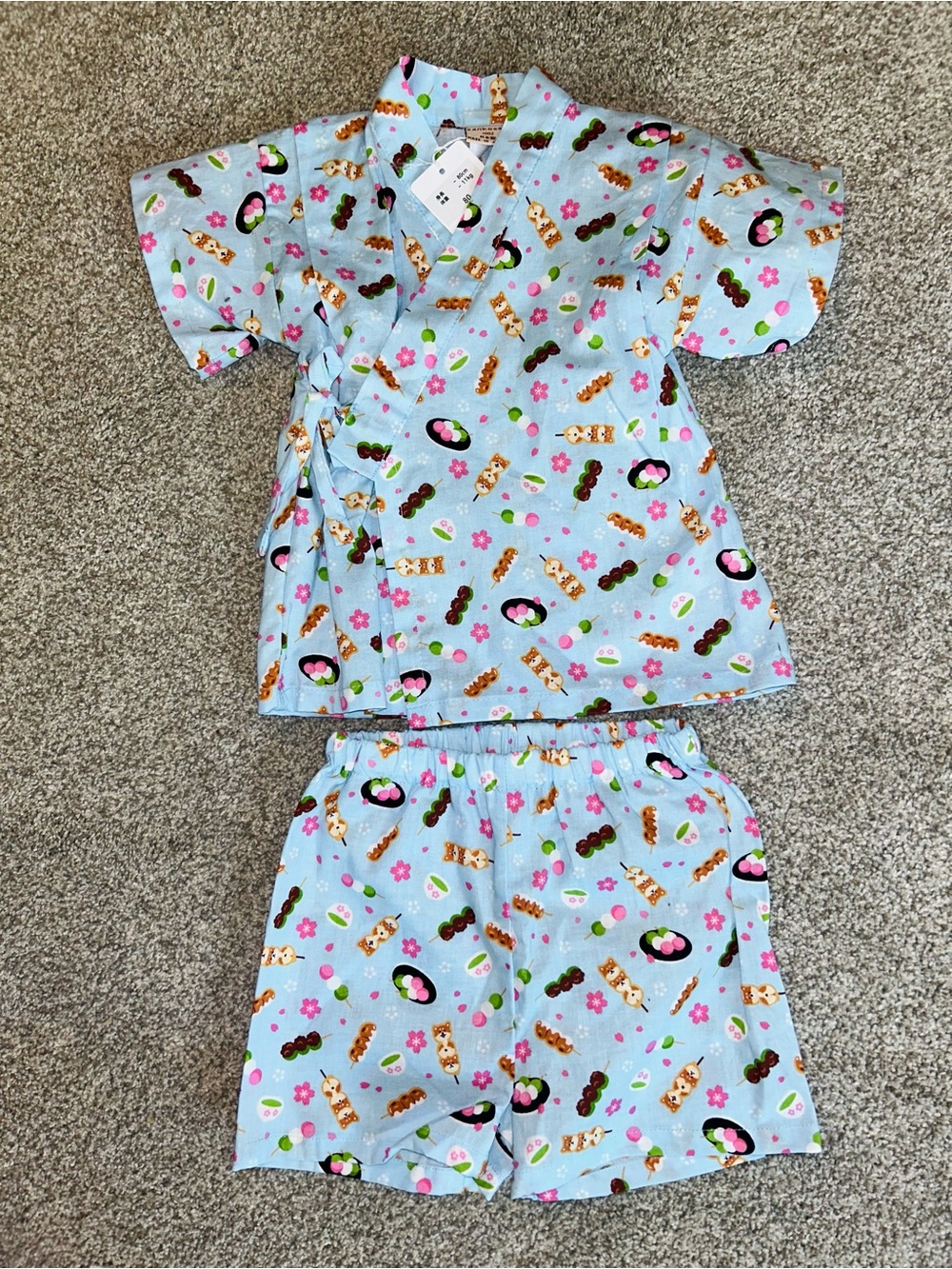 Japanese vintage with tags! Matcha-dango print Wrap Top and Shorts. Rare!